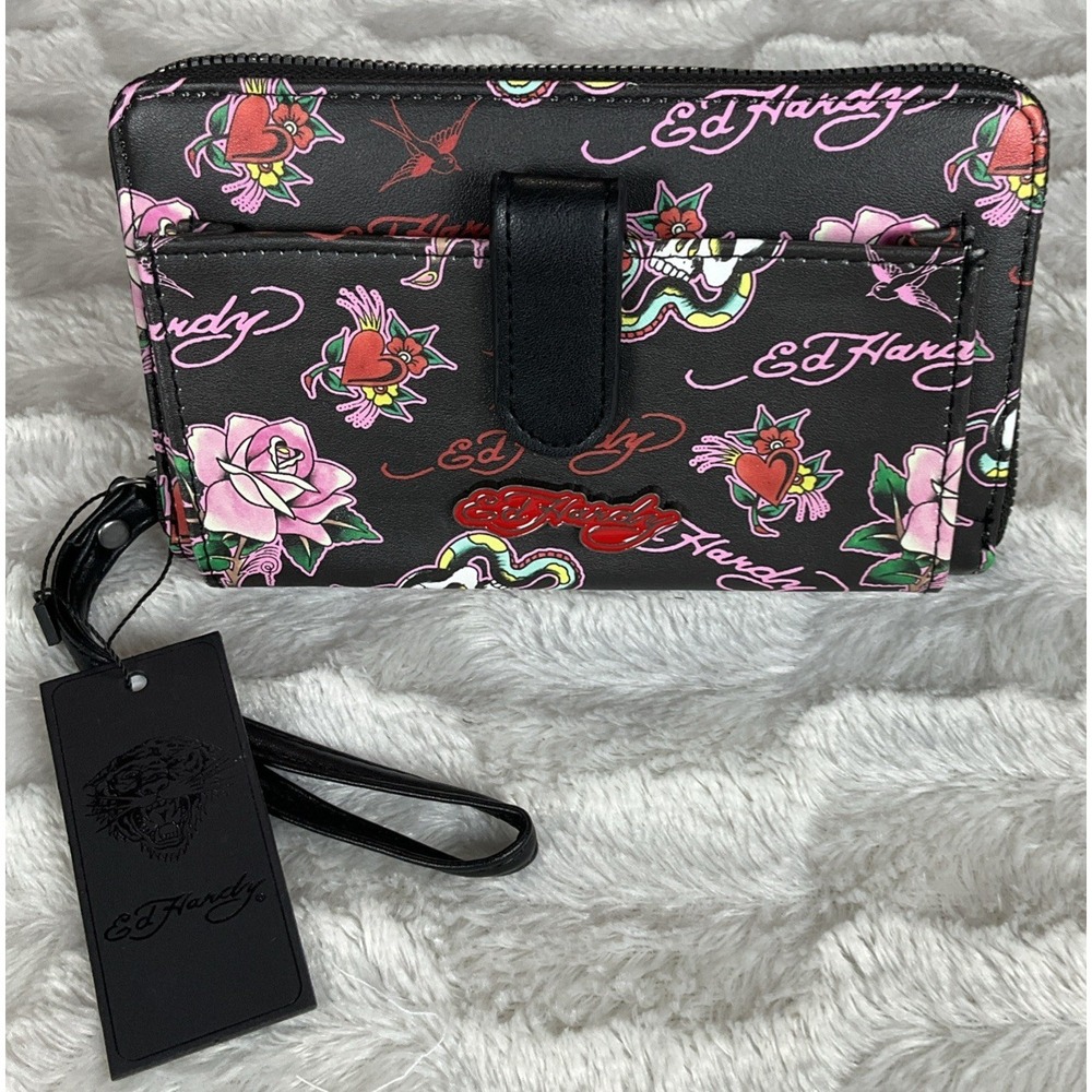 Ed Hardy Women's Zip Around Wallet Black Pink Hearts Roses Skull Tattoos Y2K NWT